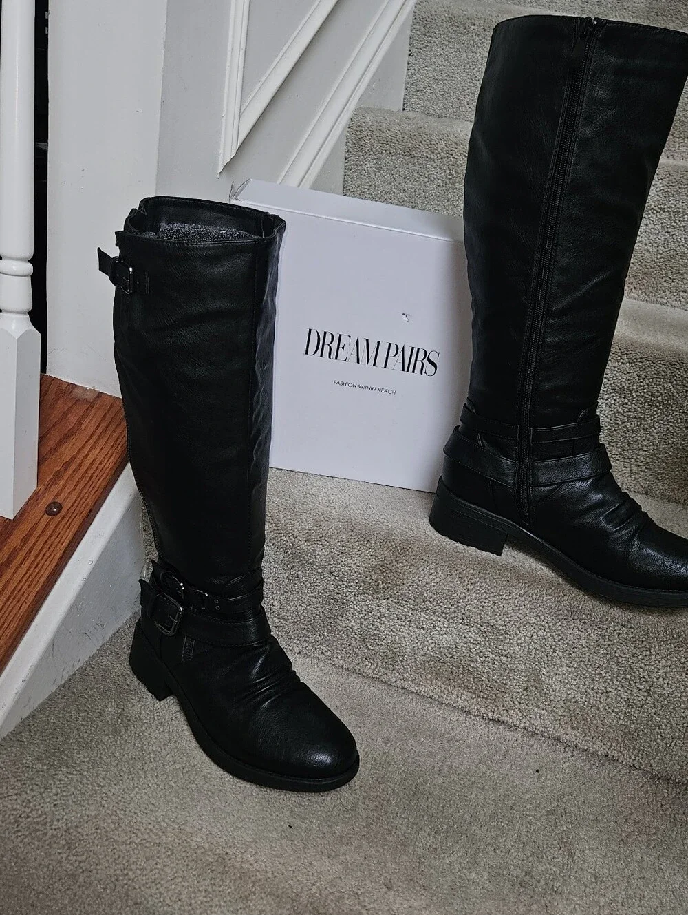 DREAM PAIRS Womens Tall Buckle Riding Boots Black Sz 8.5 Vegan Leather Wide Calf
